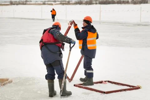 Two workers at the site of the ice camp 스톡 사진