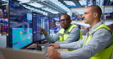 Two Workers Sitting In Warehouse Using Computer For Logistics Management Task Stock Photos