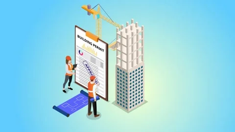 Two workers stand with approved building permit Vídeos de archivo 166033115