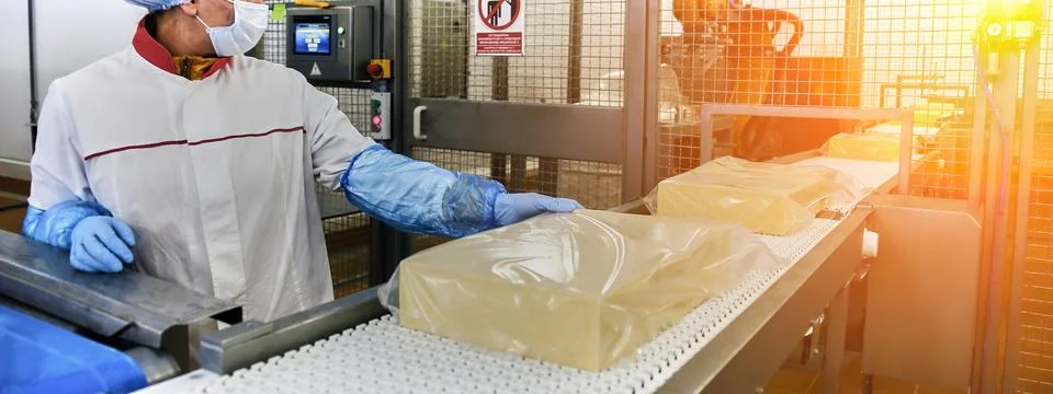 Two workers start making blocks of cheese in a factory. Stock Photos