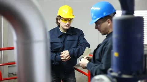 Two workers talking about a job in a factory Stock Footage 24651861