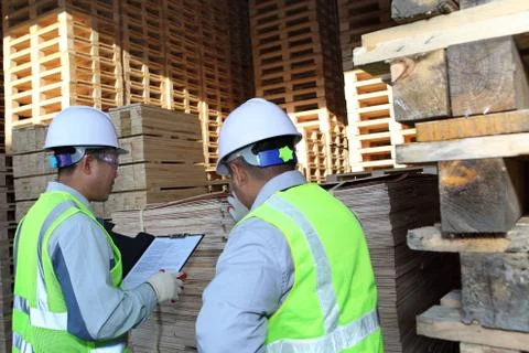 Two workers talking beside on stacking pallet Stock Photos