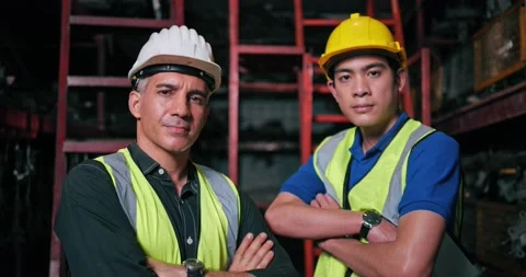 Two workers team wearing helmet uniform looking camera in factory Stock Footage 156385334