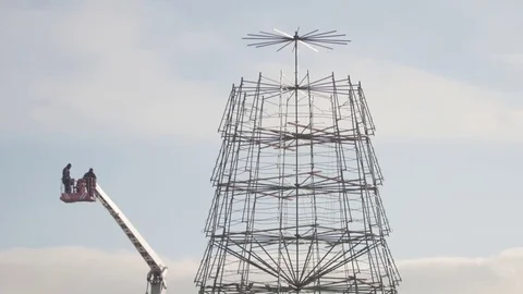 Two workers in truck with mobile crane for repairing construction work in high Stock Footage 70185885