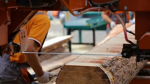Two workers unload boards from the sawmills on the pile Stock Footage 72681234