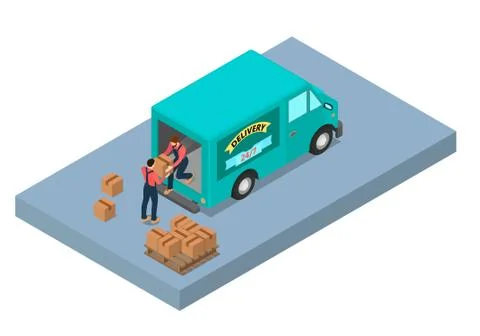 Two workers unload the van. Stock Illustration