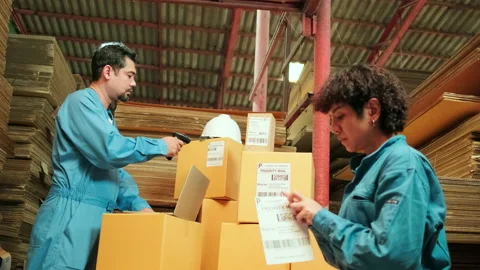 Two workers use a bar code scanner to check orders stock at parcels warehouse. 스톡 동영상 170361750