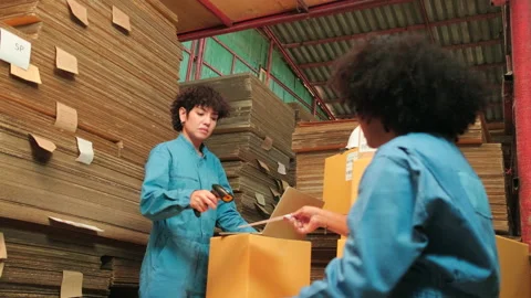 Two workers use a bar code scanner to check orders stock at parcels warehouse. Stock Footage 170531160