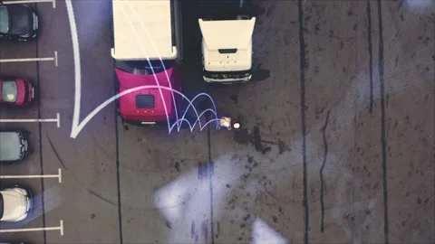 Two workers using tablet stands near trucks. Futuristic technology concept. Stock Footage 153568649