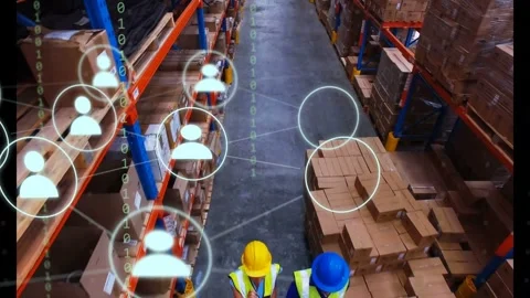 Two workers walking warehouse, creating icon map, splitting; yellow hat using Vidéo 333063246