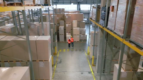 Two workers in a warehouse with high shelves and boxes. 動画素材 308002128