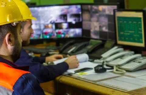 The two workers in yellow helmets in control panel in the laboratory Stockfoto's
