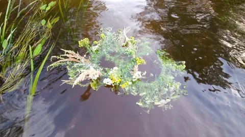Two wreaths of wild flowers float down the river for the feast of Saint John Stock Footage 247437530