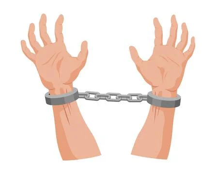 Two wrists bound in handcuffs closeup of clenched fists metal chain taut between Stock Illustration