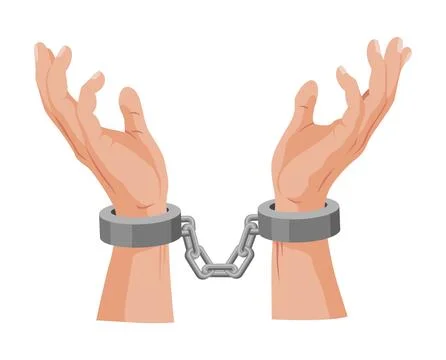 Two wrists bound in handcuffs closeup of clenched fists metal chain taut between Stock Illustration