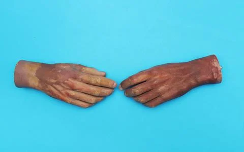 Two wrists from a human hand from a large doll on blue background. 写真素材
