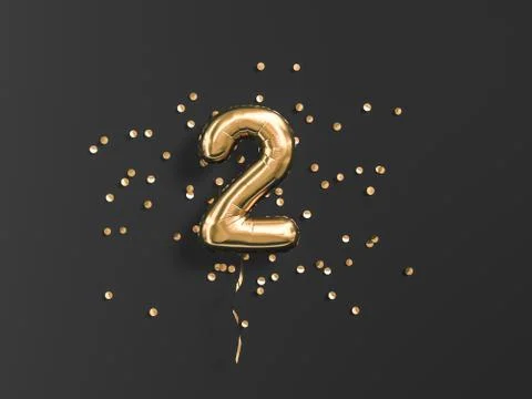 Two year birthday. Number 2 flying foil balloon and gold confetti on black. T Stock Illustration