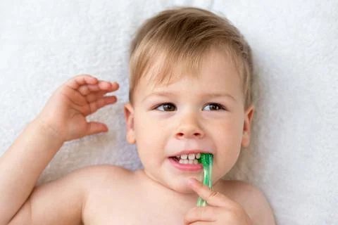 Two year old boy brushing his teeth Stock Photos