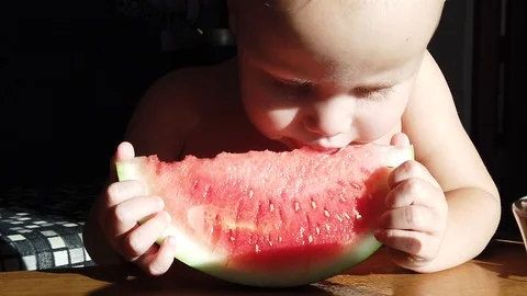 Two-year-old white-haired boy funny eating watermelon 스톡 동영상 110946232