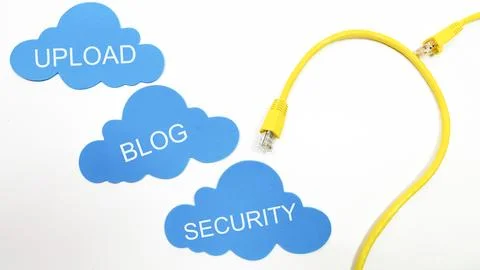 Two yellow cables connected to a blue cloud Stock Photos