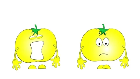 Two yellow cartoon tomatoes. Different emotions. Crying and laughing. Stock Footage 162378172
