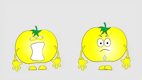 Two yellow cartoon tomatoes. Different emotions. Crying and laughing. Stock Footage 162378495