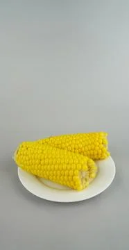 Two yellow corn cobs on white plate with gray background, boiled sweet maiz.. Stock Photos