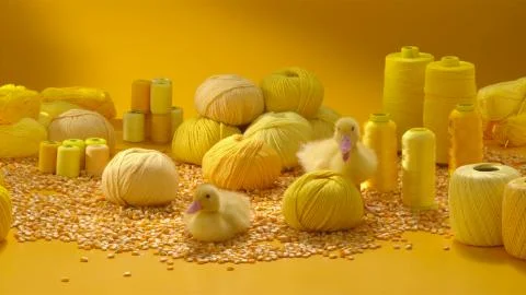 Two yellow ducks on a background of yellow objects Stock Photos