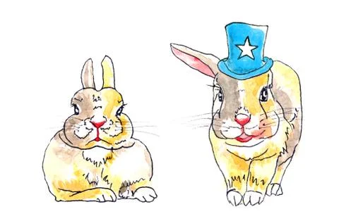 Two yellow dwarf bunnies: one lying, thу other wearing a blue hat with a star. Stock Illustration