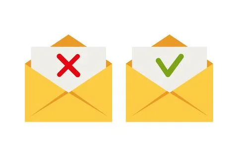 Two yellow envelope with approved and rejected letters. Vector illustration.  Illustrazione stock