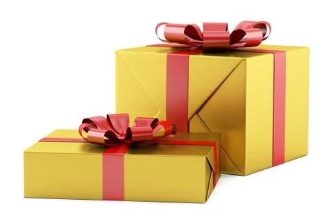 Two yellow gift boxes with red ribbons isolated on white background Stock Illustration