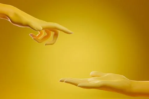 Two yellow hands reaching one another over yellow background. Concept of support Ilustração Stock