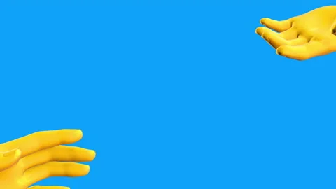 Two yellow human hands reaching out to each other isolated on blue background. Stock Footage 180886706