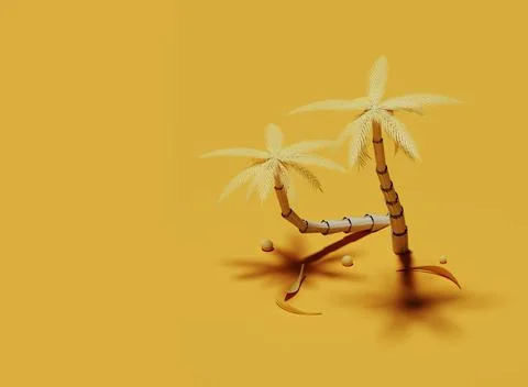 Two yellow palm trees isolated on yellow background. 3d render Illustrazione stock