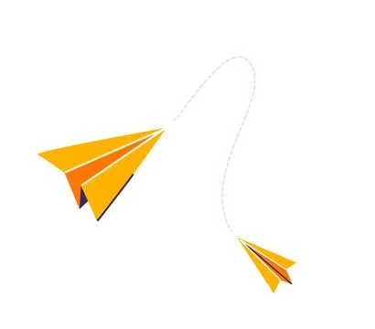 Two yellow paper planes connected dash line vector illustration. Isolated on Stock Illustration