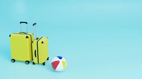Two yellow suitcases over blue background, a ball is rolling towards the suit 스톡 동영상 131419056
