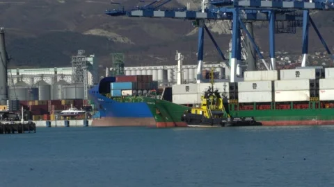 Two yellow tugs are escorting container ship to berth of Commercial Sea Port. Stock Footage 166911009