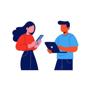 Two young adults collaborating on digital devices. Stock Illustration