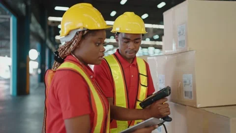 Two Young African American worker checking stock condition and scanning barcode Vidéo 211974855