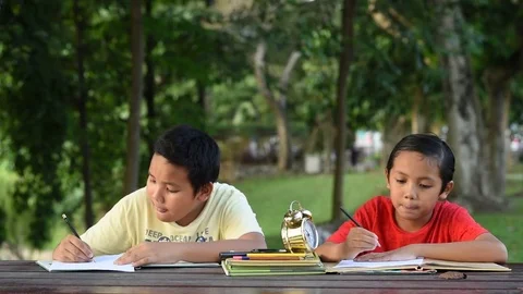Two young asian boy drawing together at park Stock Footage 83470733