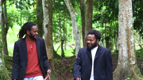 Two Young Black Mans Doing Conversation Happily While Walking in the Nature Stock Footage 208926862