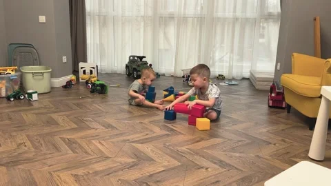 Two Young Boys Having Fun Playing with Various Toys in a Bright, Cheerful Living Stock Footage 304730322