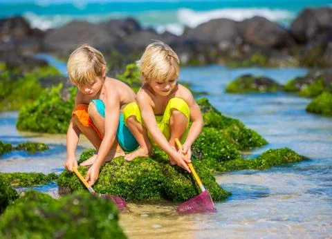 Two young boys having fun on tropcial beach Foto stock