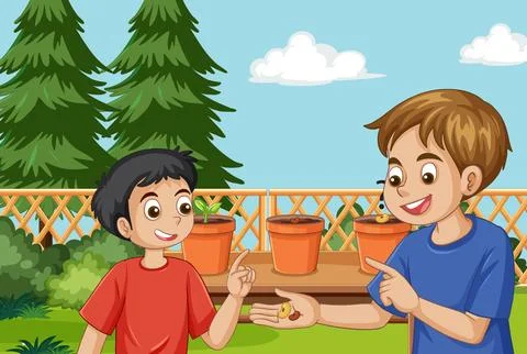 Two Young Boys Learning About Plant Growth and Science in a Garden Stock Illustration