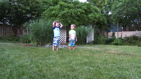 Two young boys play "simon says" in the backyard. Stock-Footage 54294475