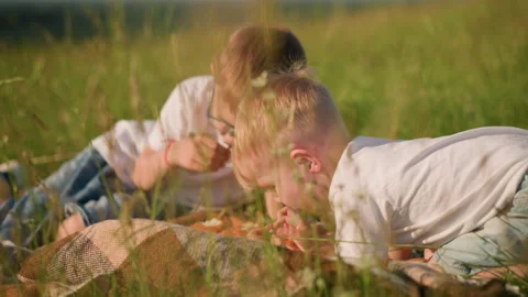Two Young Boys Sharing Bread on a Picnic Blanket in a Grassy Field Stock Footage 284652768