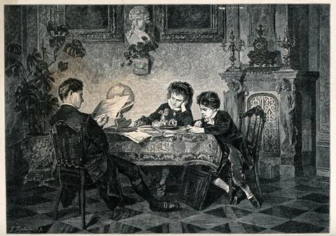 Two young children sit at a table, one is studying, the other watching the .. Illustrazione stock