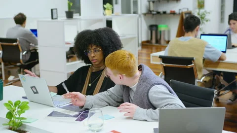 Two Young Colleagues Working Together in Open Space Office and Discussing Job Stock-Footage 243954955