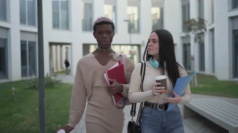 Two young college students walking around the university campus Stock Footage 224050133