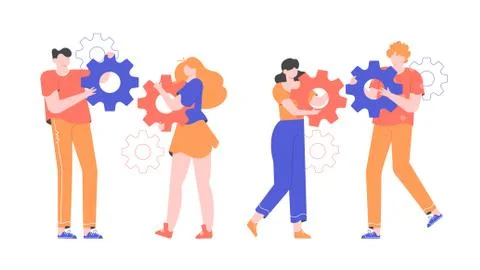 Two young couples are holding gears. Stock Illustration